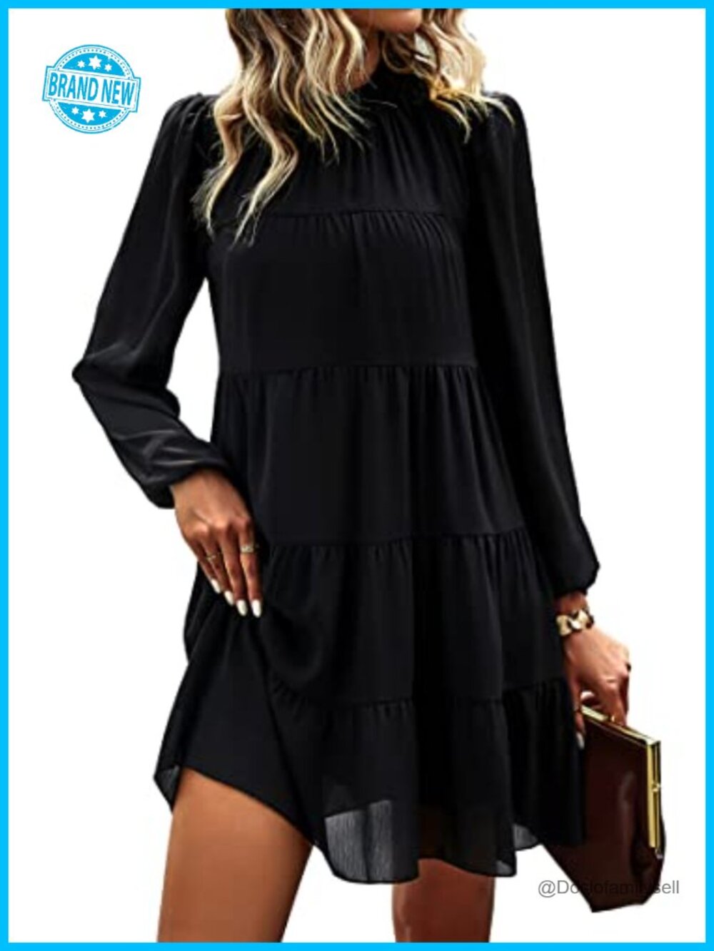 Long Sleeve Babydoll Mini Dress Mock Neck Ruffle Flowy